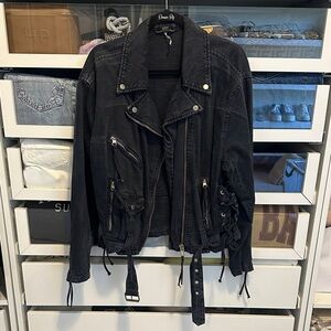 Free People Rebel Knit Oversized‎ Moto Jacket in black denim